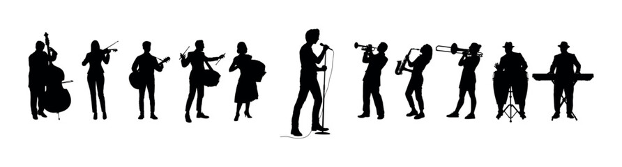 Man singing accompanied by music played by a group of musicians vector silhouettes set. - obrazy, fototapety, plakaty