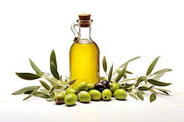 natural olive oil with olives and leaves on white background 