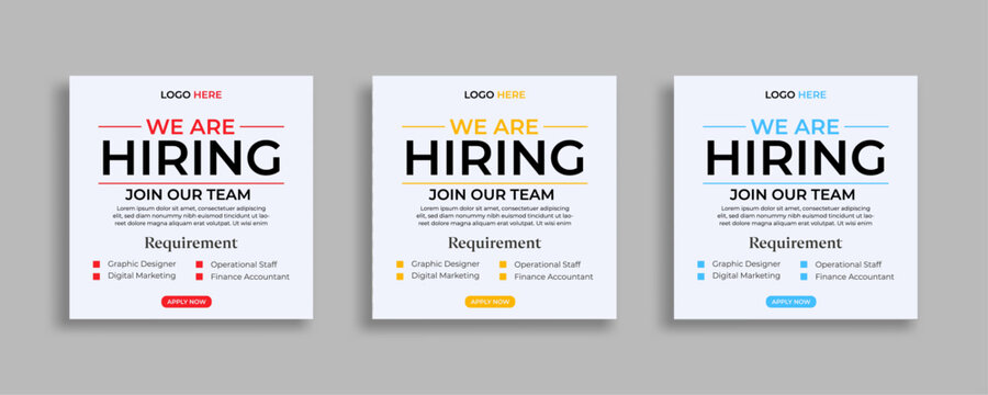 We are hiring job vacancy social media post or square web banner template vector design 
