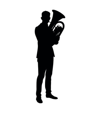 recommend clip art: Musician standing and playing tuba musical instrument black silhouette.