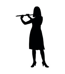 Fototapeta na wymiar Portrait of woman musician playing flute black silhouette. Female flutist playing flute isolated over white background vector silhouette.