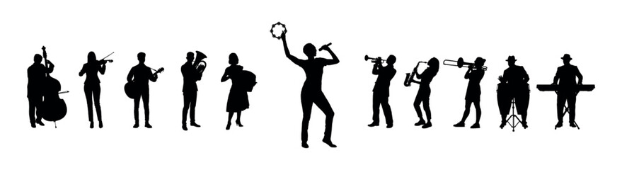 Woman singing accompanied by music played by a group of musicians vector silhouettes. Female singer performing song with street musicians playing various musical instruments silhouette set. - obrazy, fototapety, plakaty