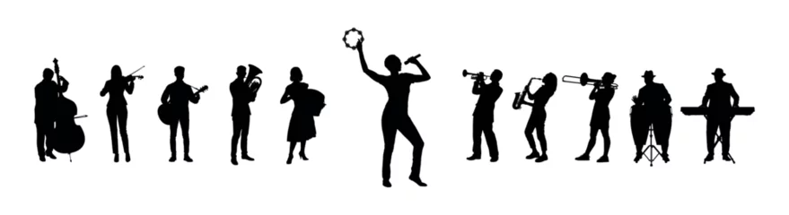 Fotobehang Woman singing accompanied by music played by a group of musicians vector silhouettes. Female singer performing song with street musicians playing various musical instruments silhouette set. © Andreas