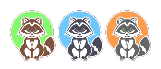 Vector set of cute little raccoons. Collection of stickers of beautiful forest animals. White isolated background.