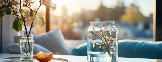 Wide panoramic facebook banner photo of a flower vas and a clear glass of water near a window with beautiful flower bunch and blurred background on a cozy hotel bedroom table     - Powered by Adobe