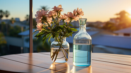 Wide web banner photo of a flower vas and a clear glass of water near a window with beautiful flower bunch and blurred background on a cozy hotel bedroom table    