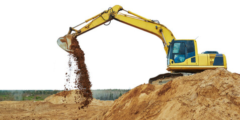A backhoe is shoveling dirt on a pile of sand on a white background