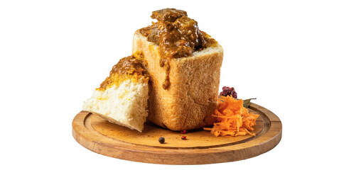 Bunny Chow placed on a wooden tray on a white background