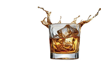 Whiskey glass pouring ice over festive celebration on white background