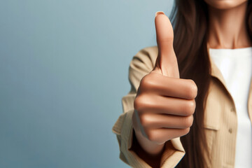 womans Thumb up. Hand showing thumb up, ok, agreement isolated on blue background. ai generative