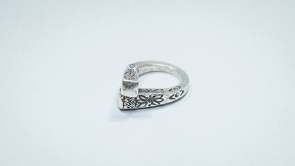 Vintage silver ring in Karen style, Handmade tribal silver jewelry on white background