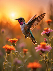 Obraz premium Against the backdrop of a fiery sunset, a hummingbird hovers over a field of wildflowers