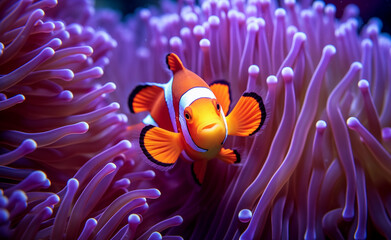 Fototapeta premium Underwater close-up of a colorful clownfish nestled among the tentacles of a sea anemone. 