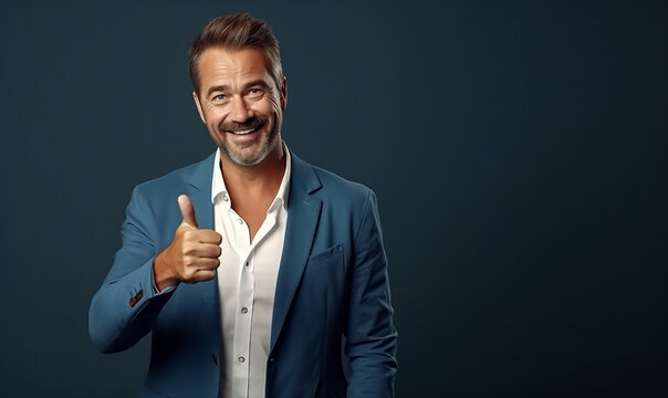 A handsome mature man confidently smiling and giving a thumbs up to the camera, solid color background, banner with copy space