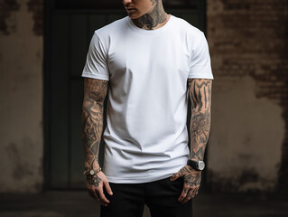 Mockup of a Caucasian male with tattoos wearing a white t-shirt, no face