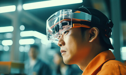 Concept illustration of a smart factory, with a technician wearing AR glasses conducting maintenance, 5G, future technology