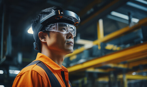 Concept image of a smart factory, with a technician wearing AR glasses conducting maintenance, 5G, future technology