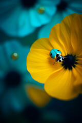 a ladybug close to yellow flower in a colorful background in an odd pattern, in the style of dark yellow and light aquamarine created with Generative Ai