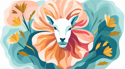 Sheep minimalist illustration in floral style. Animal surrounded by vivid flowers on a white background.