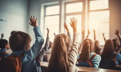 Naklejka na ściany i meble A group of elementary school students eagerly raising their hands to answer a question, classroom scene