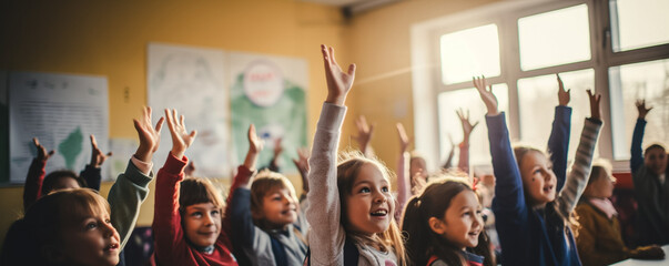 A group of elementary school students eagerly raising their hands to answer a question, classroom scene