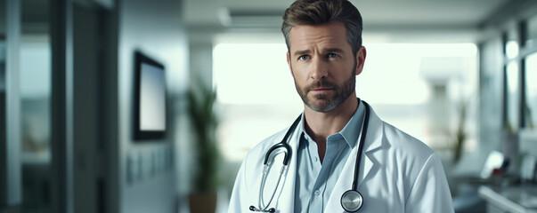 A confident doctor in a hospital looking at the camera, medical concept image