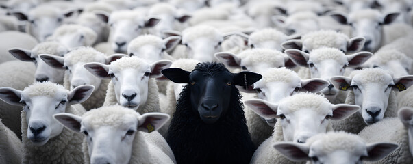 A black sheep among a flock of white sheep, concept image of standing out