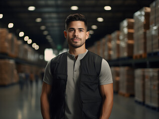 A confident warehouse manager smiling at the camera, e-commerce storage facility