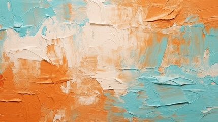 Closeup of abstract rough bright turquoise orange painting texture, with oil brushstroke, pallet knife paint on canvas, seamless pattern, copy paste area for texture