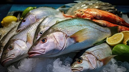 Obraz premium A counter with large fresh fish and exotic seafood on ice in a store, market or bazaar.
