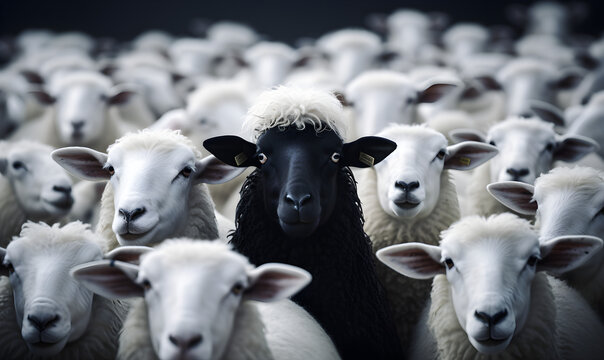 A black sheep among a flock of white sheep, concept image of standing out