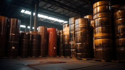 A large dark chemical warehouse filled with metal industrial barrels of oil or hazardous waste spread out on shelves. - obrazy, fototapety, plakaty
