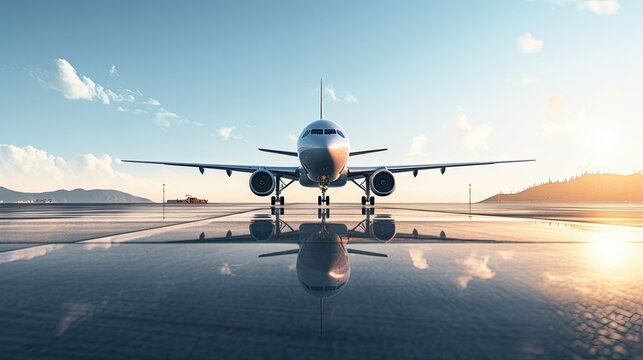 A commercial airplane on a runway against a sunset background. The airplane is positioned in the center of the frame with its nose facing the camera.