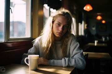 Portrait of a young white woman with in a cozy cafe with a cup of coffee or tea near the window brightly lit by the rays of the sun.