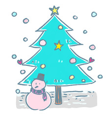 Blue christmas tree with snowman cartoon.