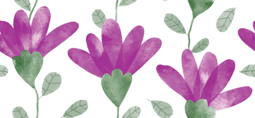 Watercolor flowers vector seamless pattern on white background.