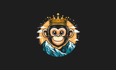 head monkey smile wearing crown on mountain vector mascot design