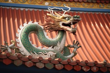 chinese dragon statue on castle roof for weifang kite festival in china