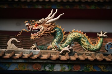 Fototapeta na wymiar chinese dragon statue on castle roof for weifang kite festival in china