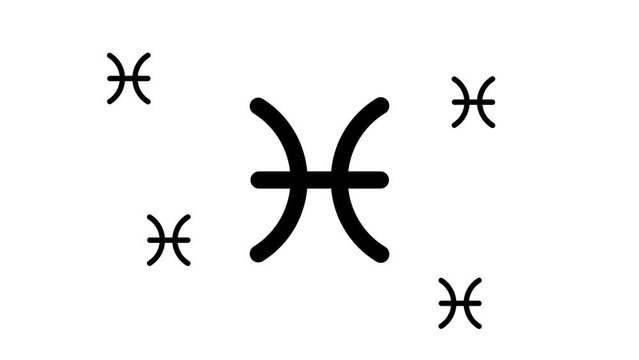 Zoom in and out animation the zodiac pisces symbol. Large black symbol in the center and four small symbols around. Seamless looped 4k animation on white background
