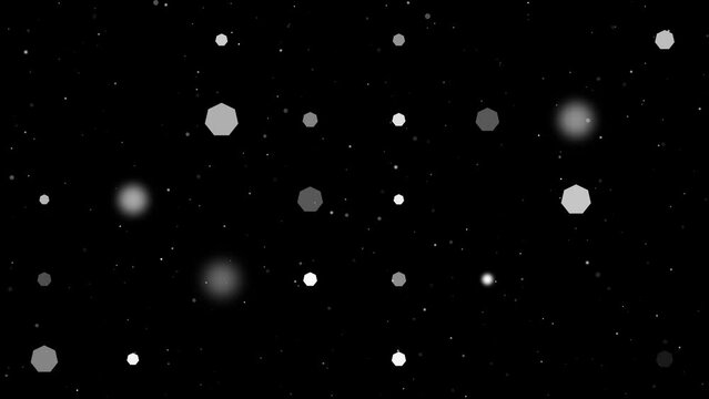 Template animation of evenly spaced heptagon symbols of different sizes and opacity. Animation of transparency and size. Seamless looped 4k animation on black background with stars