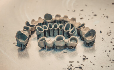 Tooth dental crowns created on 3d printer for metal way selective Laser Melting. Model created in...