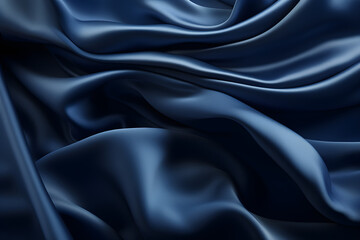 A background of dark blue satin fabric with soft wavy folds resembling liquid waves, - obrazy, fototapety, plakaty