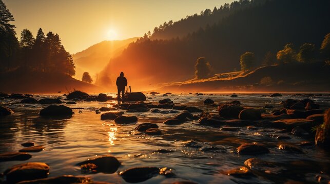 Silhouette of a fisherman on fishing, trout fishing on the river.