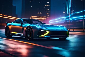 Abstract motion  urban road with sports car with neon light motion effect applied . Automobile...
