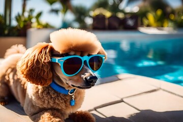 Adorable Toy Poodle beside the pool with sunglasses on