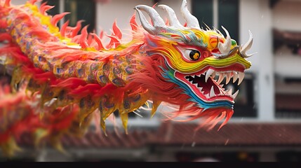 chinese dragon dance in costume for festival of chinese new year celebration 