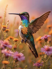 Against the backdrop of a fiery sunset, a hummingbird hovers over a field of wildflowers