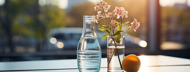 Wide panoramic facebook banner photo of a flower vas and a clear glass of water near a window with beautiful flower bunch and blurred background on a cozy hotel bedroom table