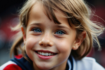 Portrait of a girl on the background of a football stadium. happy little girl in the sports arena. Child fan